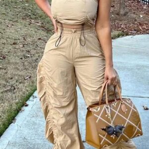 DRAWSTRING HEM CROP TUBE TOP RUCHED PANTS SET