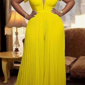 SOLID PATCHWORK FOLD V NECK STRAIGHT JUMPSUITS